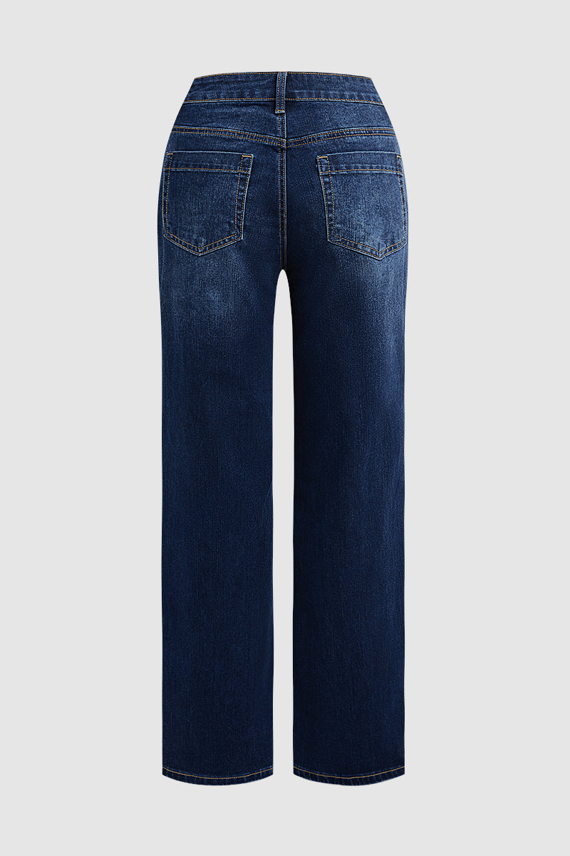 Wash Seam Front Mid Rise Straight Leg Jeans