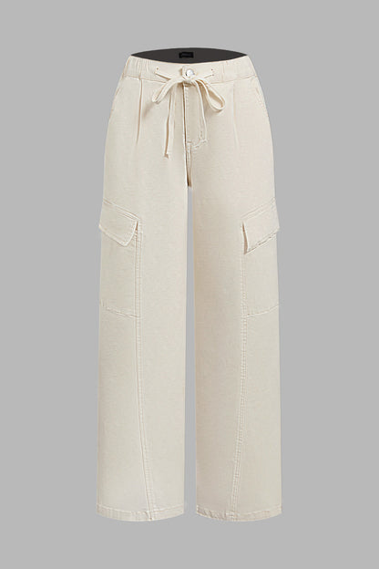 Solid Flap Pocket Drawstring Mid Waist Wide Leg Cargo Pants