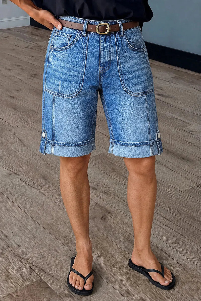 Ripped Seam Front Roll Hem Mid Rise Denim Bermuda Shorts Without Belt