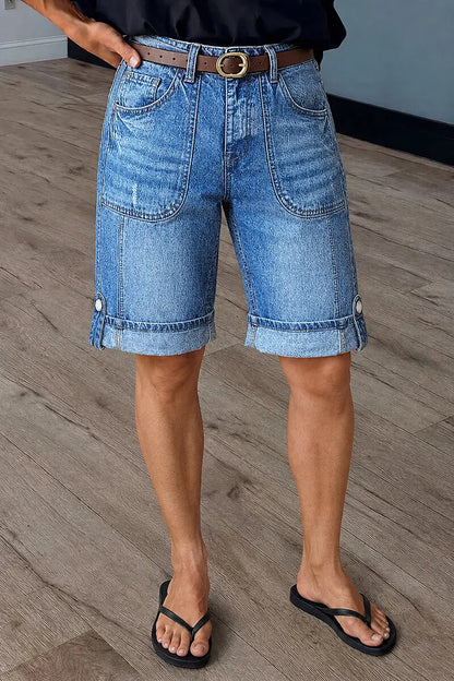 Ripped Seam Front Roll Hem Mid Rise Denim Bermuda Shorts Without Belt