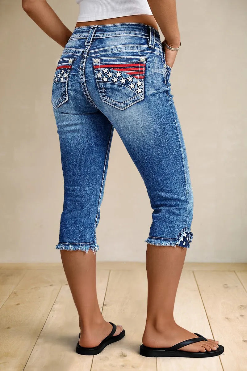 Stripe & Star Embroidery Raw Hem Mid Waist Skinny Capri Jeans