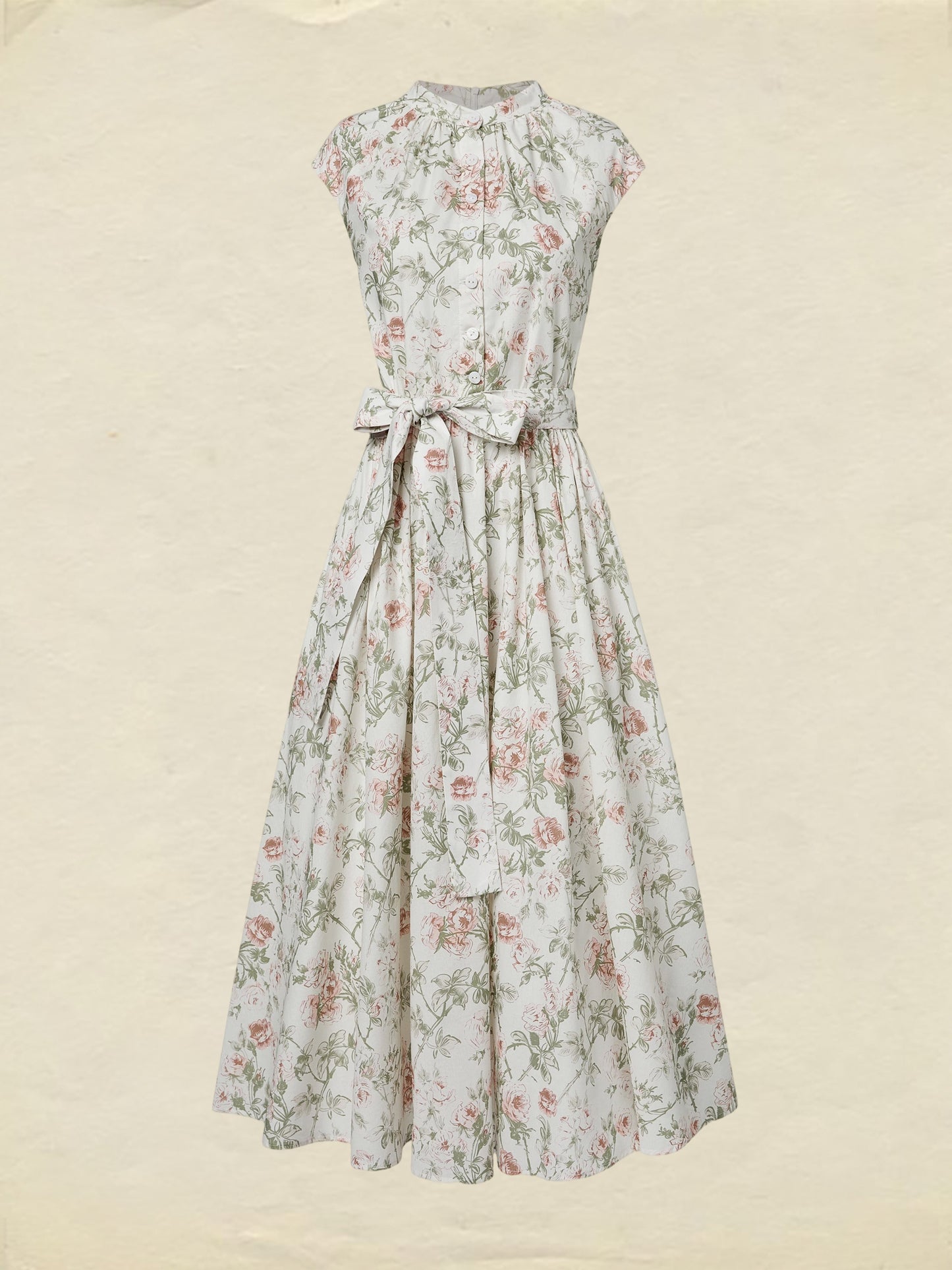 Robe midi en coton, manches courtes, col rond, motif floral, ceinture, style vintage, couleur abricot