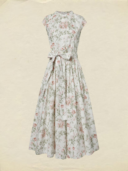 Robe midi en coton, manches courtes, col rond, motif floral, ceinture, style vintage, couleur abricot