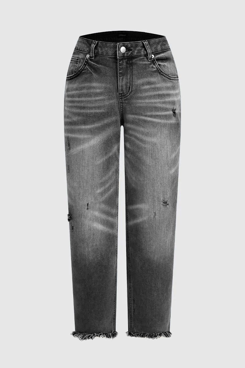 Wash Ripped Raw Hem Mid Waist Straight Leg Crop Jeans