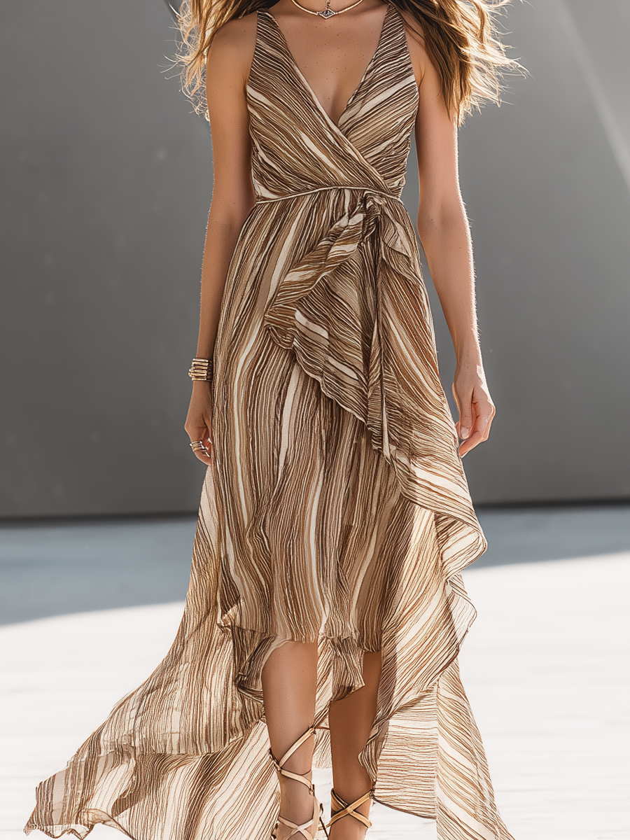 Robe longue asymétrique portefeuille à volants, col en V, motif rayé, couleur champagne