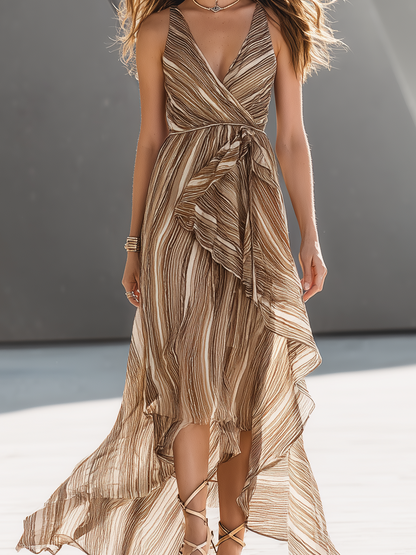 Robe longue asymétrique portefeuille à volants, col en V, motif rayé, couleur champagne