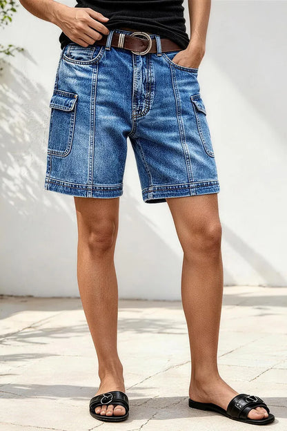 Wash Flap Pocket Seam Front Mid Rise Mid Thigh Denim Shorts Without Belt