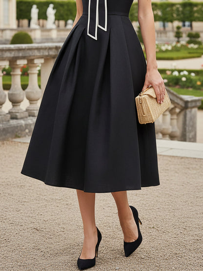 Robe midi en coton, sans manches, unie, esprit vintage français, noire