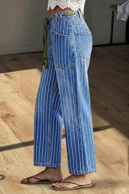 Pinstripe Drawstring Patched Pocket High Waist Straight Leg Crop Jeans