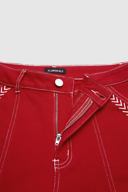 Contrast Stitch Mid Rise Barrel Leg Crop Pants
