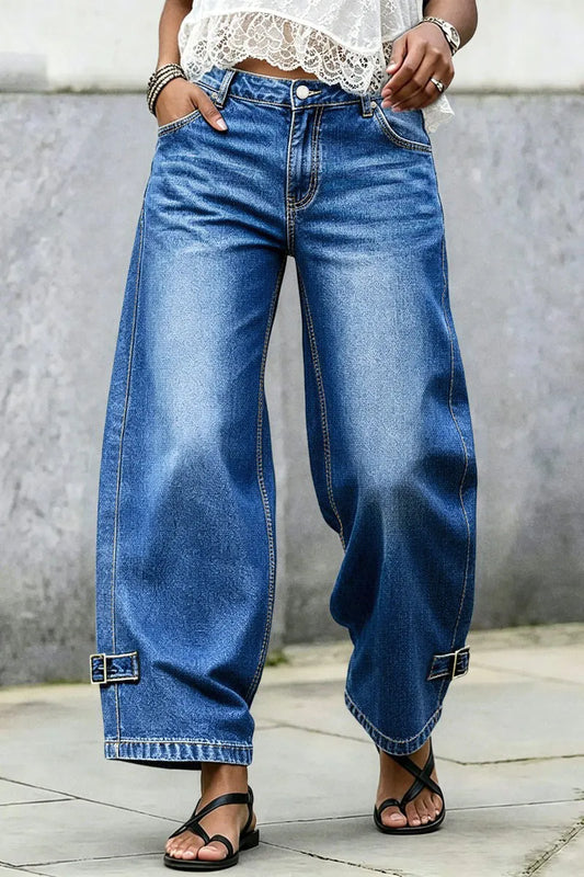 Wash Buckle Hem Mid Rise Wide Leg Crop Jeans
