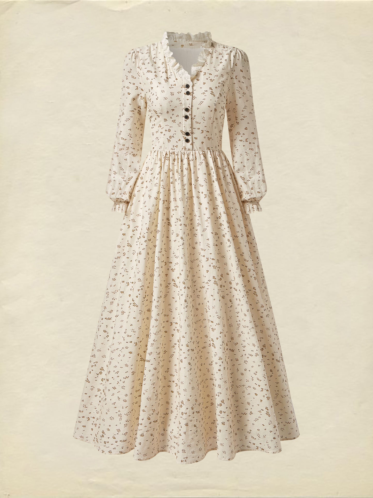 Robe longue en lin, manches longues, col en V, boutonnée, motif floral, couleur abricot