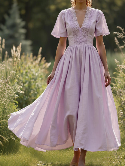 Robe longue en coton, manches courtes, col en V, unie, style vintage, violette