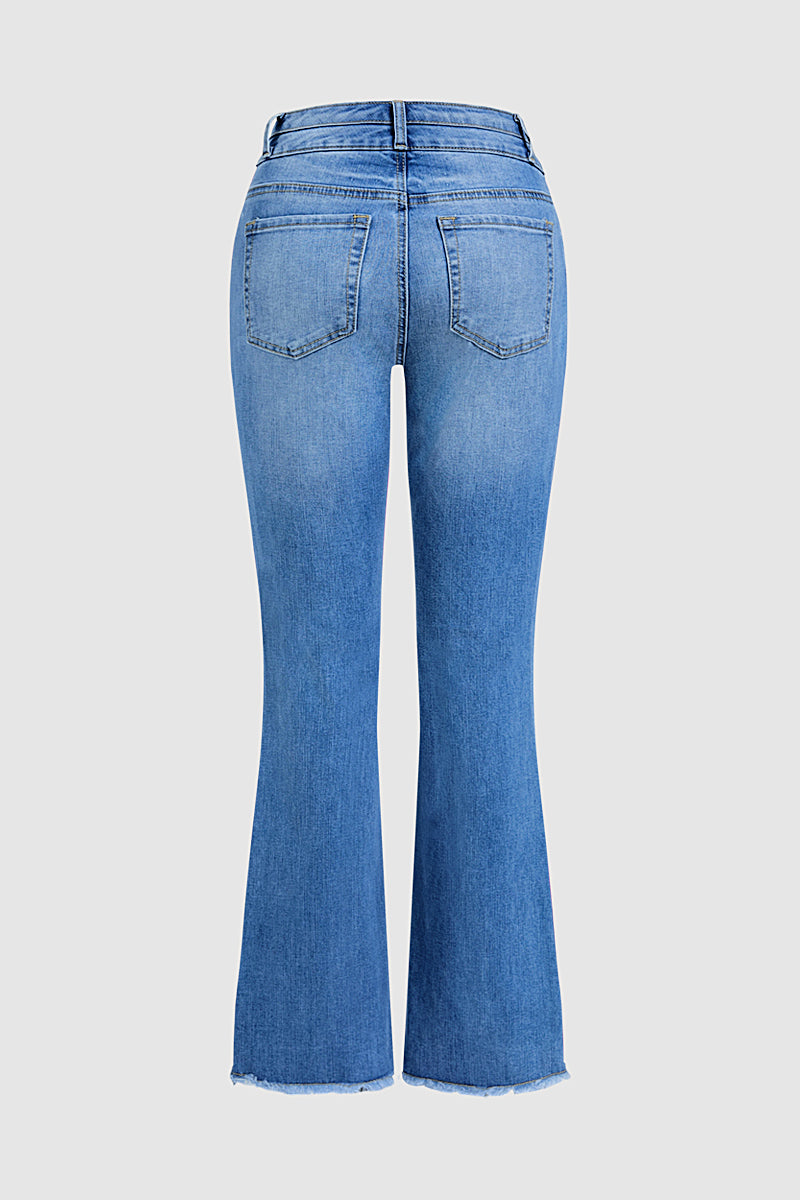 Wash Raw Hem Dual Button Mid Waist Bootcut Jeans