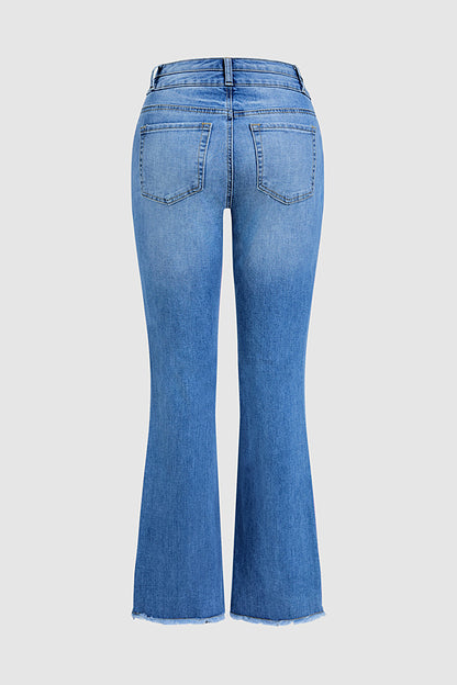Wash Raw Hem Dual Button Mid Waist Bootcut Jeans