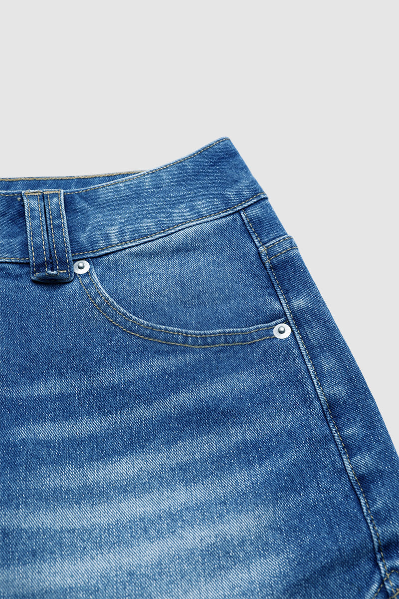 Wash Split Studded Mid Waist Denim Shorts