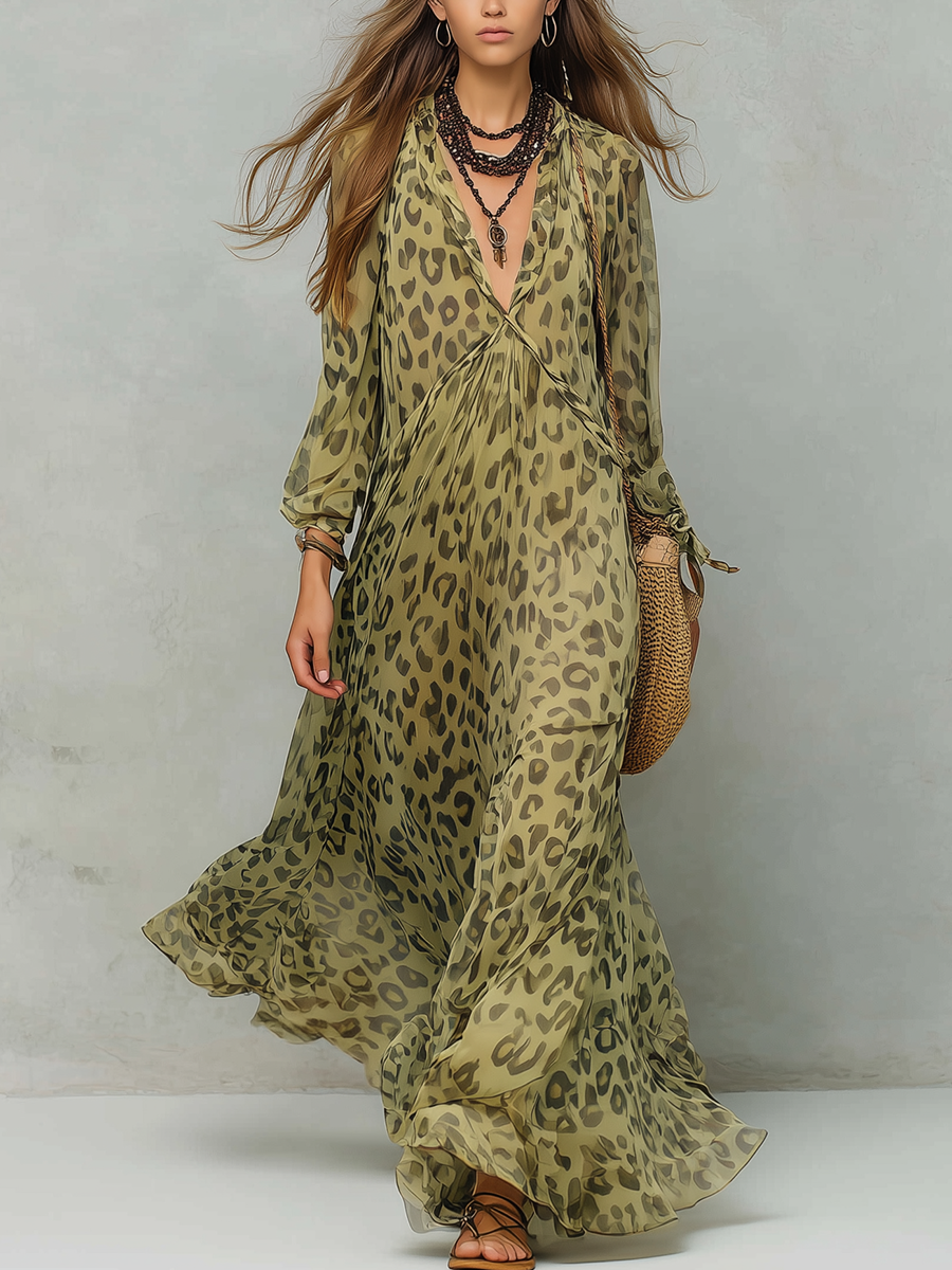Robe bohème en mousseline de soie à manches longues vert olive imprimé léopard