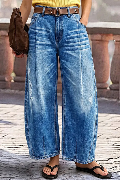 Wash Pleated Ripped High Waist Barrel Leg Jeans Without Belt