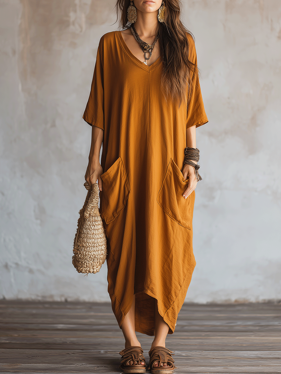 Robe longue bohème oversize moutarde à poches