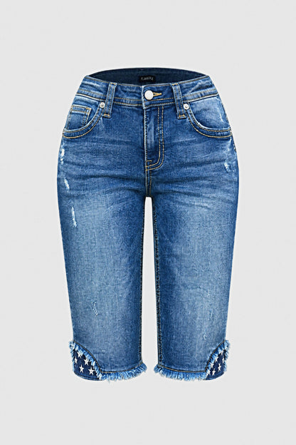 Wash Star Embroidery Raw Hem Mid Waist Denim Bermuda Shorts