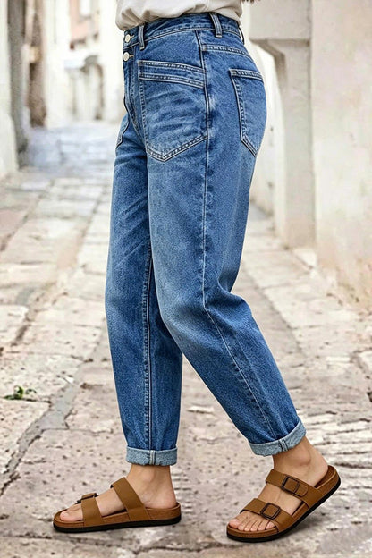 Wash Roll Hem Patched Pocket High Waist Tapered Crop Jeans