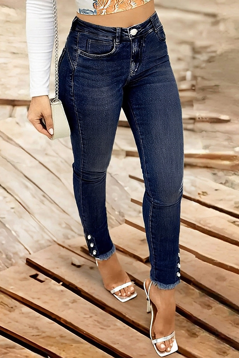 Pearl Button Side Raw Hem High Waist Skinny Jeans