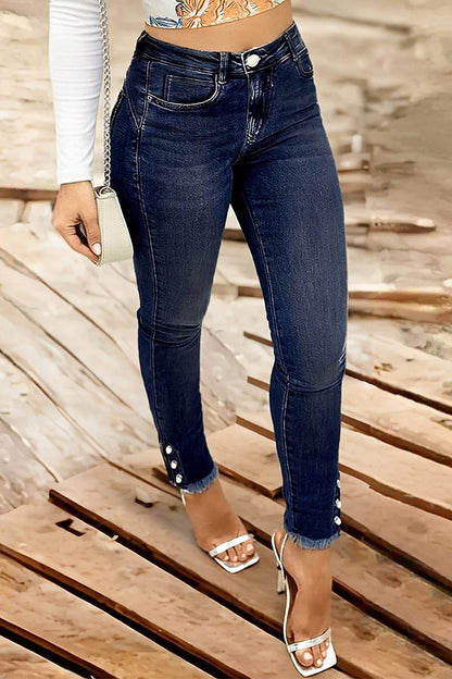 Pearl Button Side Raw Hem High Waist Skinny Jeans