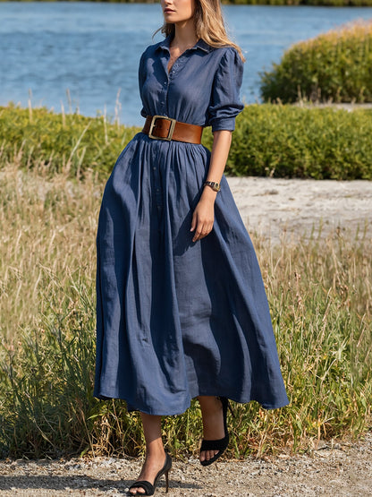 Robe midi en lin, manches courtes, col châle, unie, boutonnée, vintage, bleu marine