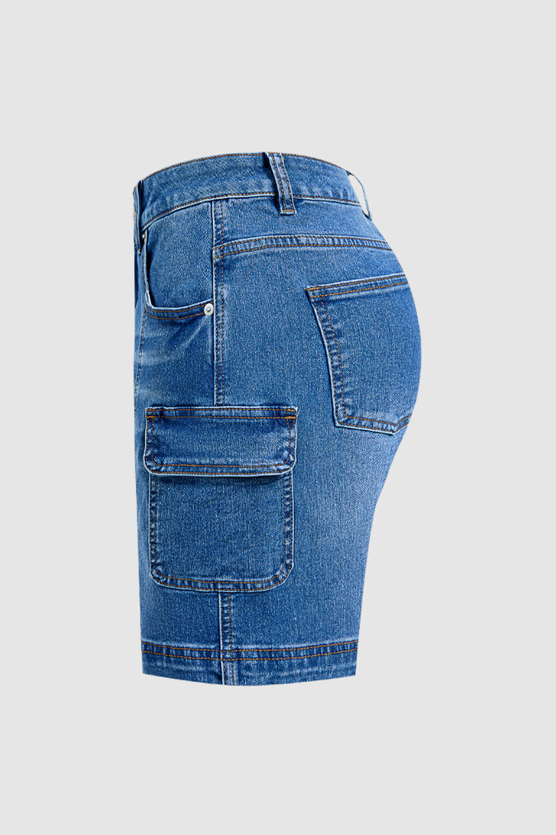Wash Flap Pocket Seam Front Mid Rise Mid Thigh Denim Shorts Without Belt