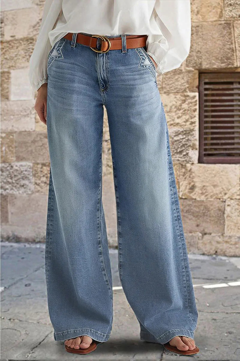 Wash Stitch Decor Wide Leg Mid Rise Jeans Without Belt
