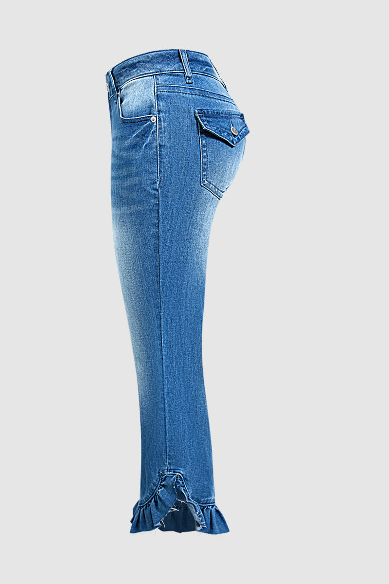 Split Ruffle Hem Flap Pocket Mid Waist Straight Leg Cropped Jeans