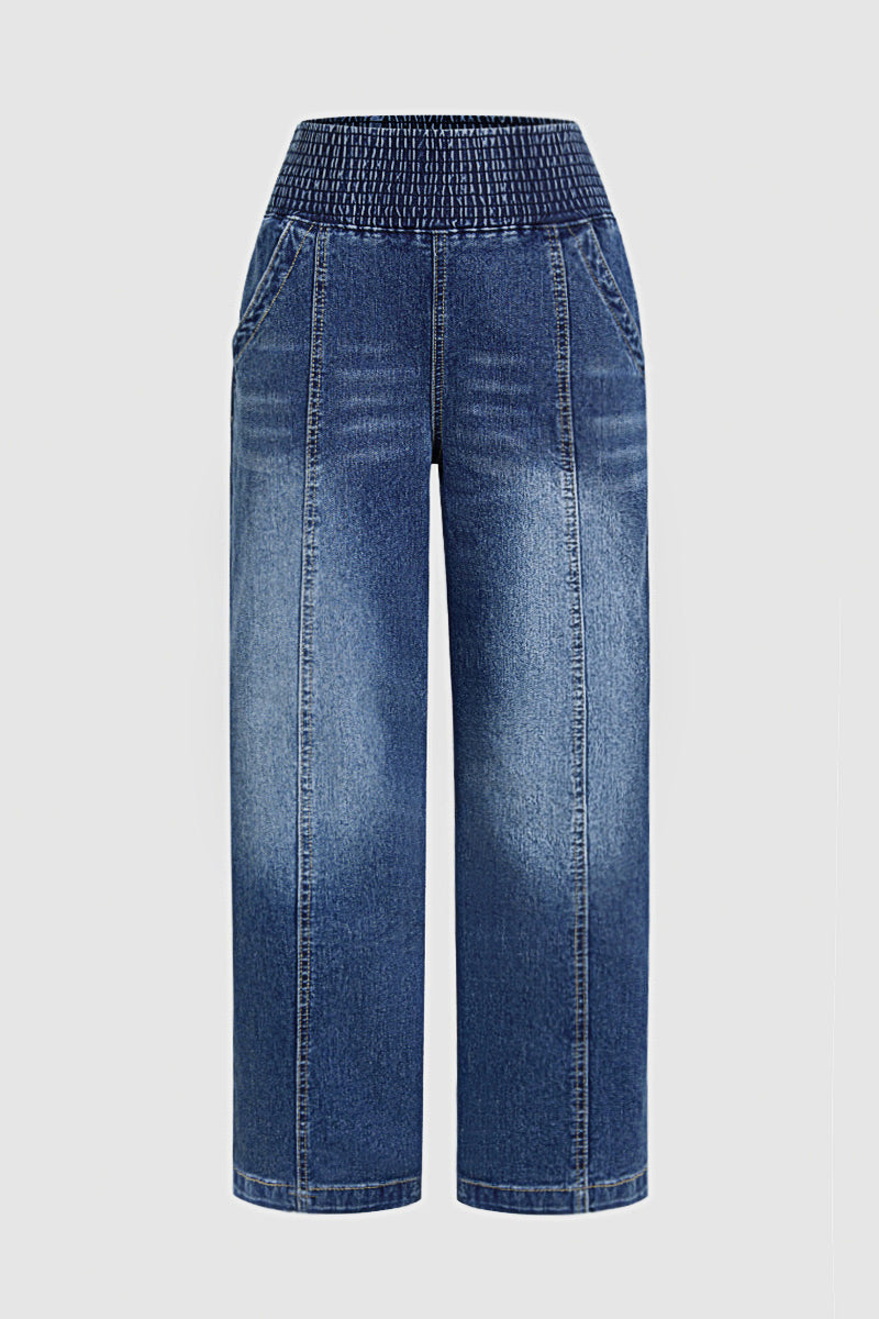Wash Elastic High Waist Straight Leg Crop Jeans