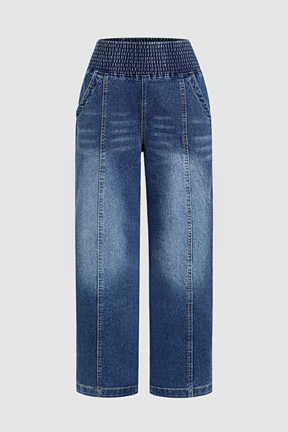 Wash Elastic High Waist Straight Leg Crop Jeans