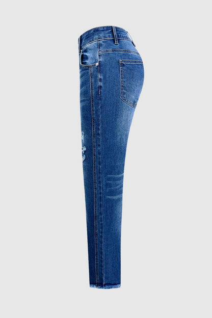 Raw Hem Ripped Mid Waist Straight Leg Crop Jeans