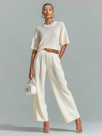 Stylish Elegant White Crew Neck Short-Sleeve Loose-Fit Sweater Waist Belted  Wide-Leg Pants Ribbed Knit Two-Piece Set
