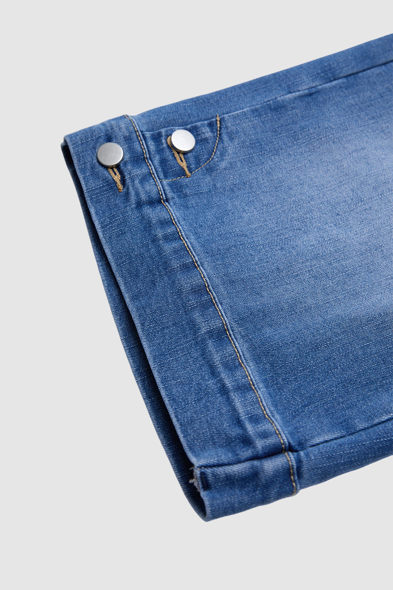 Wash Dual Button Mid Waist Straight Leg Denim Bermuda Shorts