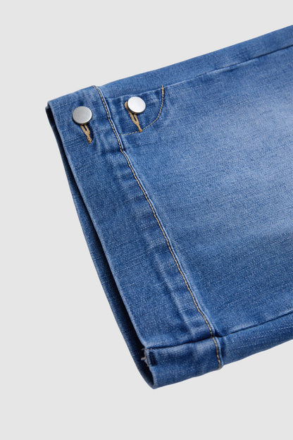 Wash Dual Button Mid Waist Straight Leg Denim Bermuda Shorts