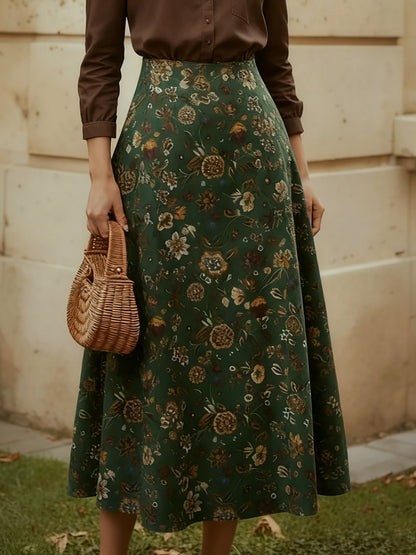Jupe midi en lin, fleurie, poches, vintage, vert