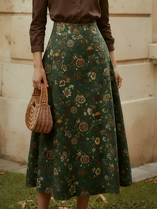 Jupe midi en lin, fleurie, poches, vintage, vert