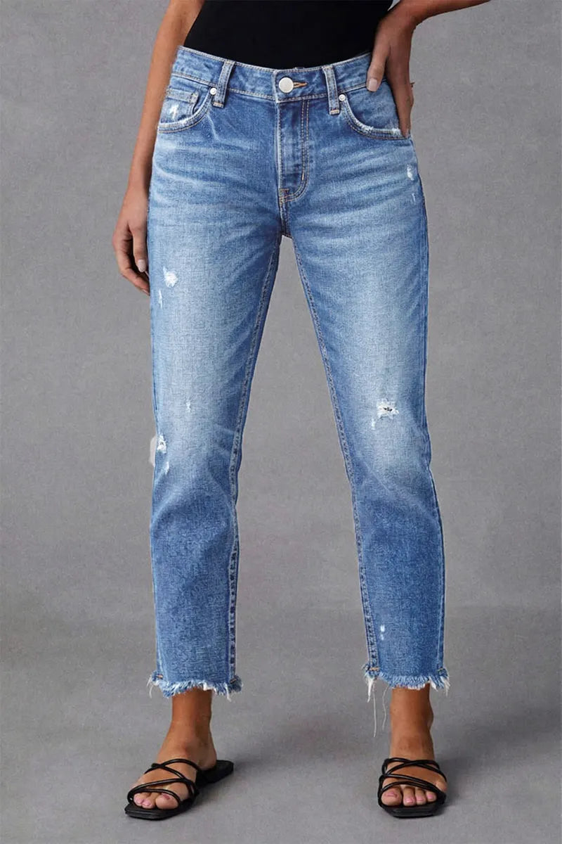 Raw Hem Ripped Mid Waist Straight Leg Crop Jeans