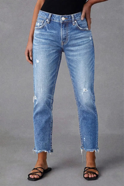 Raw Hem Ripped Mid Waist Straight Leg Crop Jeans