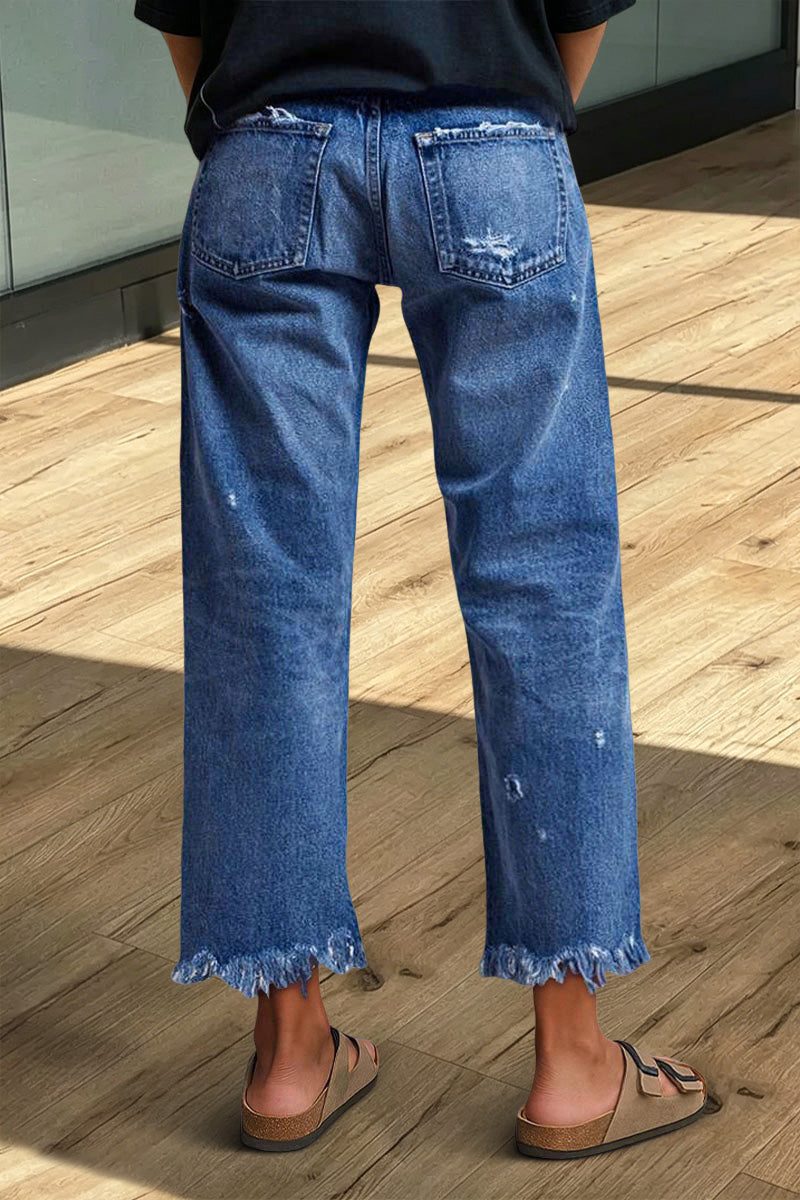 Wash Raw Hem Ripped Mid Rise Crop Straight Leg Jeans