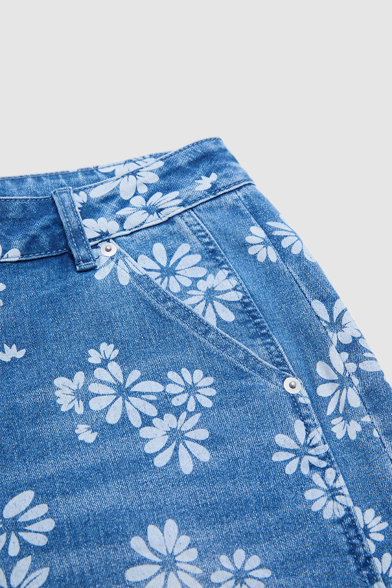 Wash Floral Print Ruffle Split Hem Mid Rise Wide Leg Jeans
