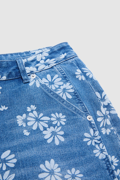 Wash Floral Print Ruffle Split Hem Mid Rise Wide Leg Jeans