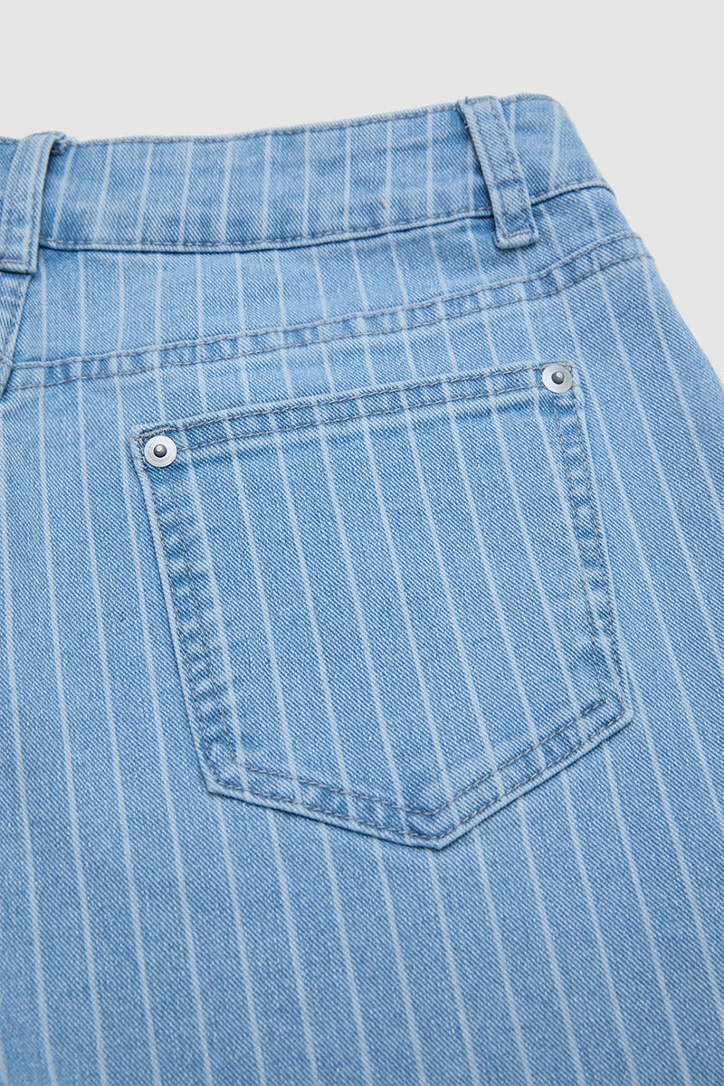 Striped Roll Hem Seam Front Mid Rise Straight Leg Crop Jeans Without Belt