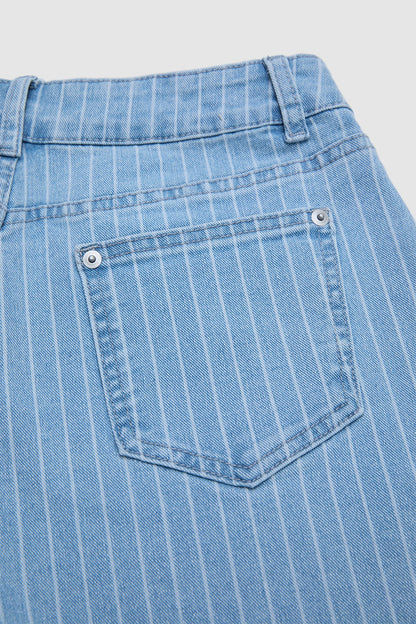 Striped Roll Hem Seam Front Mid Rise Straight Leg Crop Jeans Without Belt