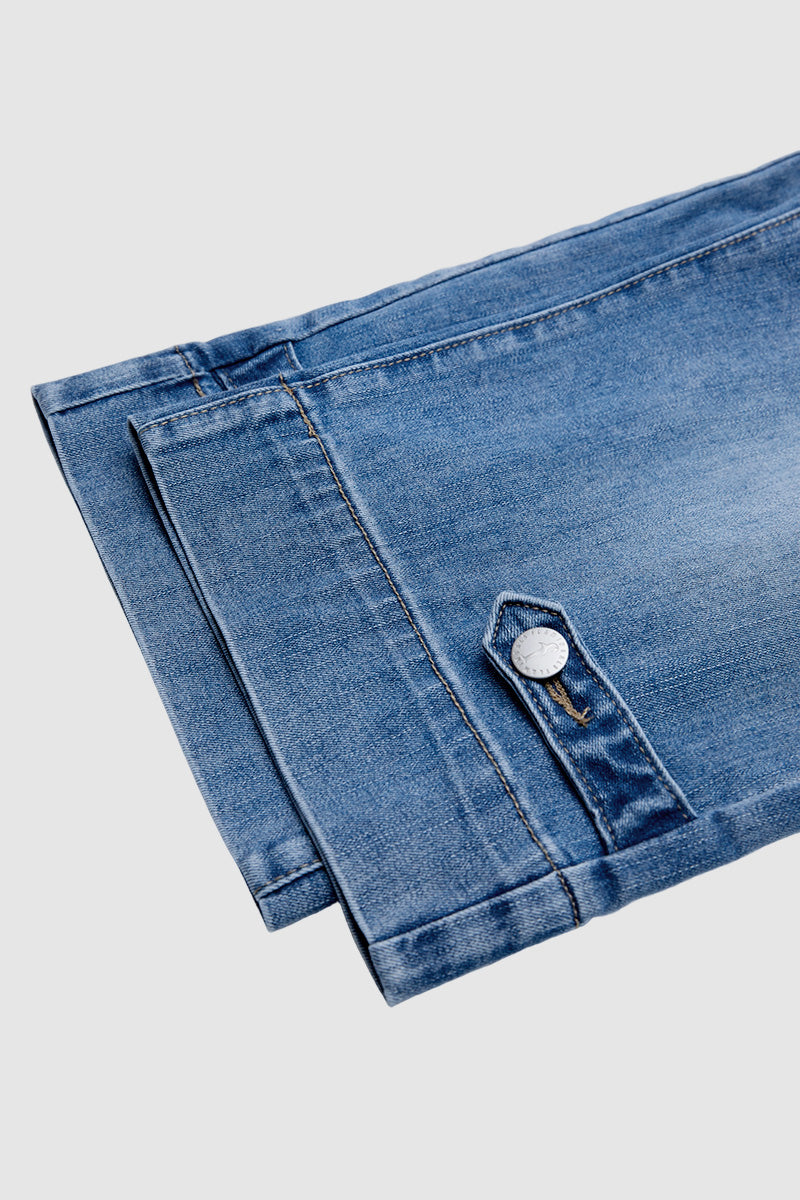 Wash Button Tab Elastic Mid Rise Straight Leg Capri Jeans