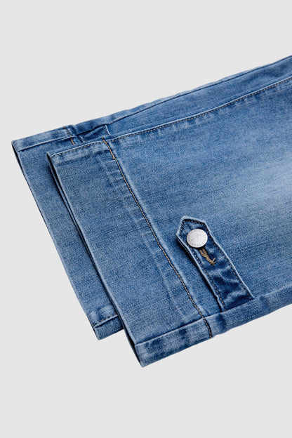 Wash Button Tab Elastic Mid Rise Straight Leg Capri Jeans