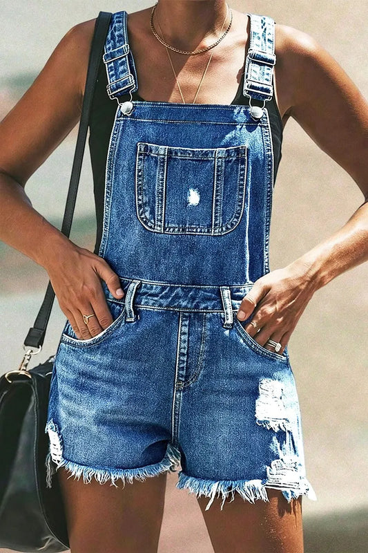 Wash Ripped Raw Hem Patch Pocket Denim Shortalls