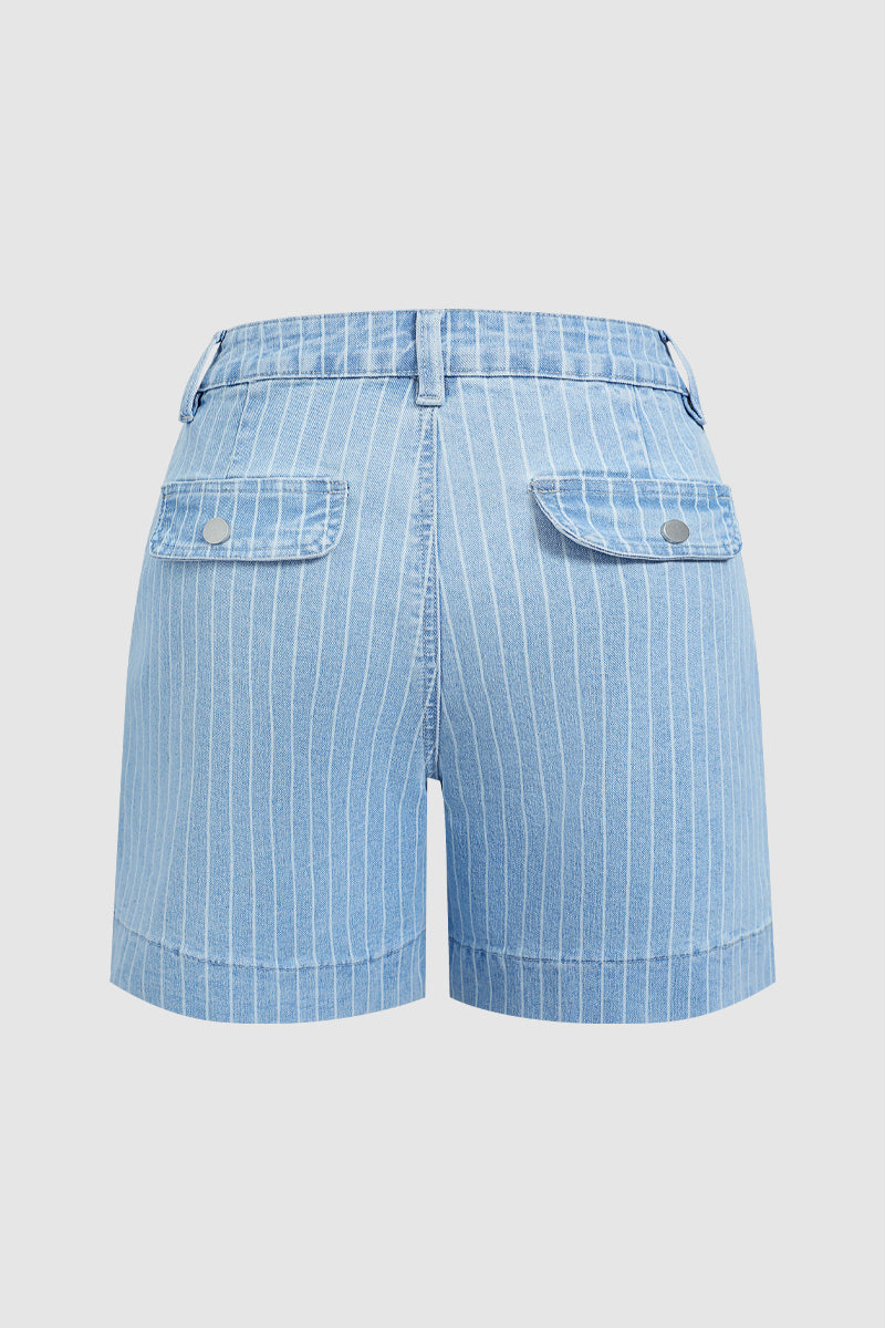 Pinstriped Split Flap Decor Mid Waist Denim Mid Thigh Shorts Without Belt